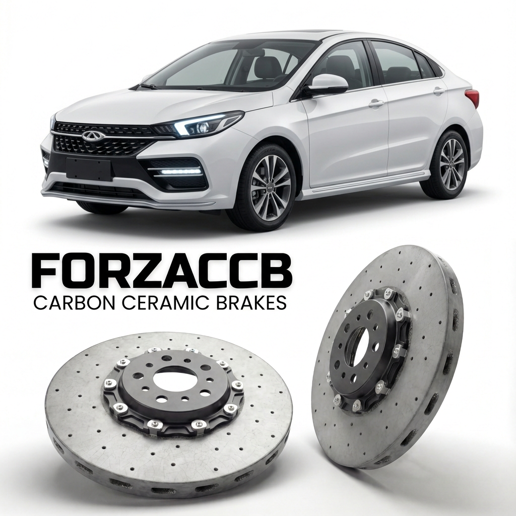 ForzaCCB direct OEM replacement carbon ceramic brake rotors for 2018 to 2021 Chery Arrizo GX models, shown with a white Chery Arrizo GX car.