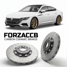 ForzaCCB direct OEM replacement carbon ceramic brake rotors for 2017 to 2020 Volkswagen Arteon 1st gen 3H models, shown with a white Volkswagen Arteon car.
