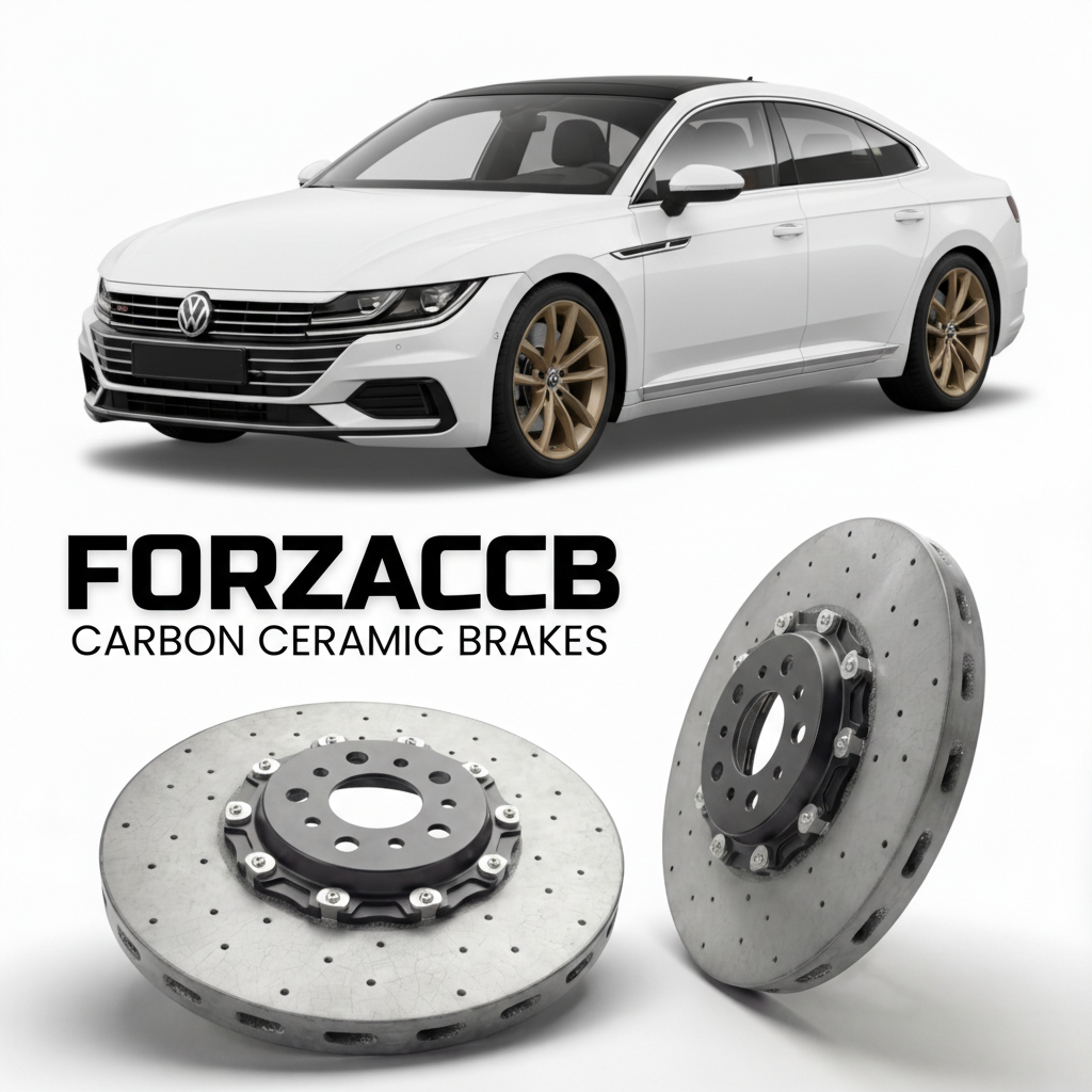 ForzaCCB direct OEM replacement carbon ceramic brake rotors for 2017 to 2020 Volkswagen Arteon 1st gen 3H models, shown with a white Volkswagen Arteon car.
