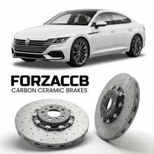 ForzaCCB direct OEM replacement carbon ceramic brake rotors for 2020 to 2023 Volkswagen Arteon facelift 3H models, shown with a white Volkswagen Arteon car.