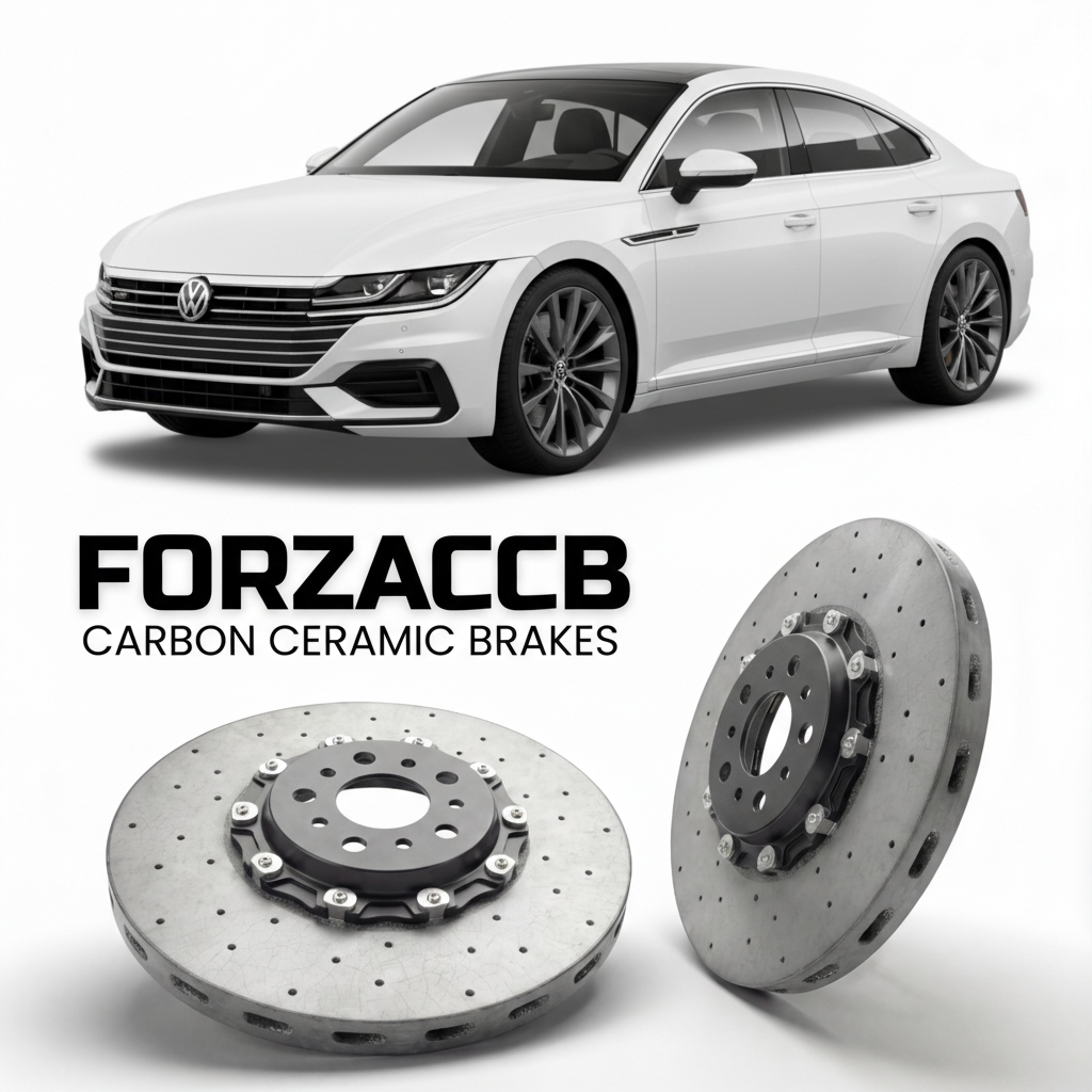 ForzaCCB direct OEM replacement carbon ceramic brake rotors for 2020 to 2023 Volkswagen Arteon facelift 3H models, shown with a white Volkswagen Arteon car.