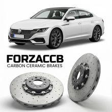 ForzaCCB direct OEM replacement carbon ceramic brake rotors for 2020 to 2023 Volkswagen Arteon eHybrid facelift 3H models, shown with a white Volkswagen Arteon eHybrid car.