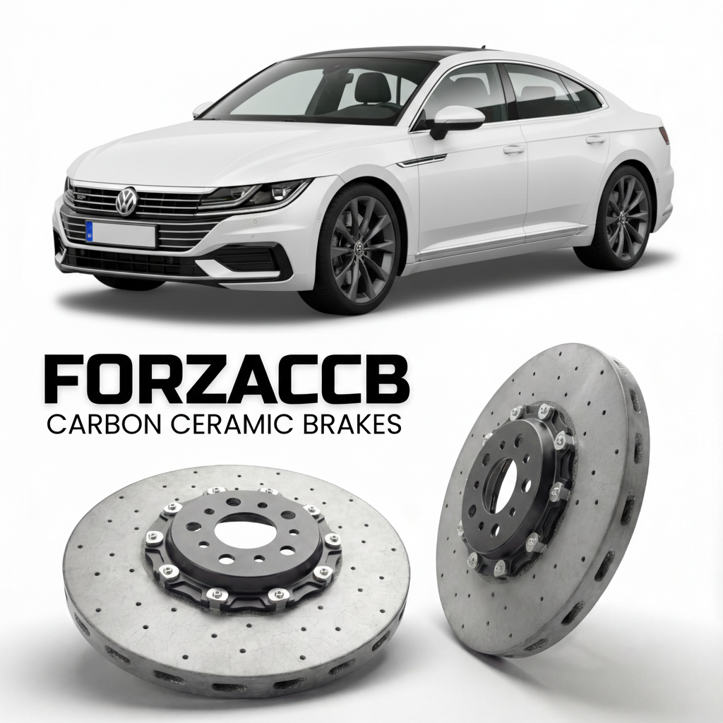 ForzaCCB direct OEM replacement carbon ceramic brake rotors for 2020 to 2023 Volkswagen Arteon eHybrid facelift 3H models, shown with a white Volkswagen Arteon eHybrid car.