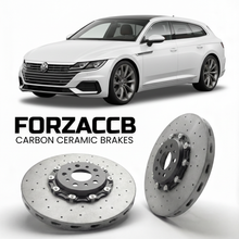 ForzaCCB direct OEM replacement carbon ceramic brake rotors for 2020 to 2023 Volkswagen Arteon eHybrid Shooting Brake facelift 3H models, shown with a white Volkswagen Arteon eHybrid Shooting Brake car.