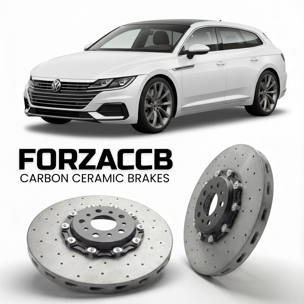 ForzaCCB direct OEM replacement carbon ceramic brake rotors for 2020 to 2023 Volkswagen Arteon eHybrid Shooting Brake facelift 3H models, shown with a white Volkswagen Arteon eHybrid Shooting Brake car.