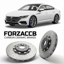 ForzaCCB direct OEM replacement carbon ceramic brake rotors for 2020 to 2023 Volkswagen Arteon R facelift 3H models, shown with a white Volkswagen Arteon R car.