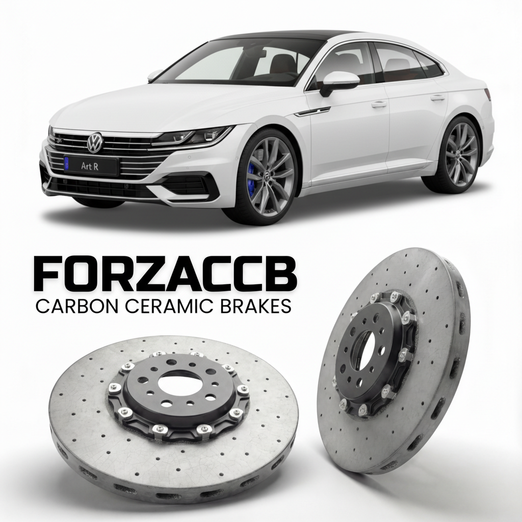 ForzaCCB direct OEM replacement carbon ceramic brake rotors for 2020 to 2023 Volkswagen Arteon R facelift 3H models, shown with a white Volkswagen Arteon R car.