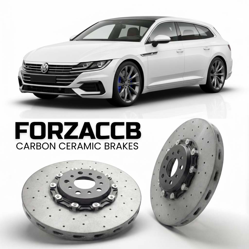 ForzaCCB direct OEM replacement carbon ceramic brake rotors for 2020 to 2023 Volkswagen Arteon R Shooting Brake facelift 3H models, shown with a white Volkswagen Arteon R Shooting Brake car.