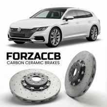 ForzaCCB direct OEM replacement carbon ceramic brake rotors for 2020 to 2023 Volkswagen Arteon Shooting Brake facelift 3H models, shown with a white Volkswagen Arteon Shooting Brake car.