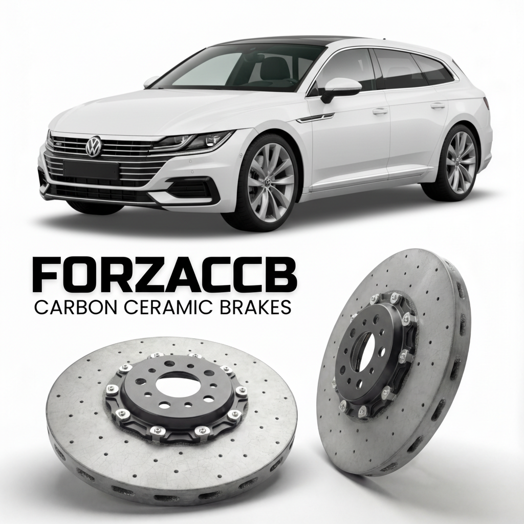 ForzaCCB direct OEM replacement carbon ceramic brake rotors for 2020 to 2023 Volkswagen Arteon Shooting Brake facelift 3H models, shown with a white Volkswagen Arteon Shooting Brake car.