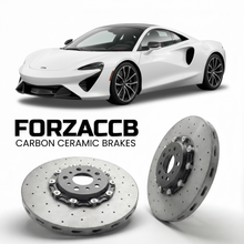 ForzaCCB direct OEM replacement carbon ceramic brake rotors for 2022-2024+ McLaren Artura P16 models, shown with a white McLaren Artura car.