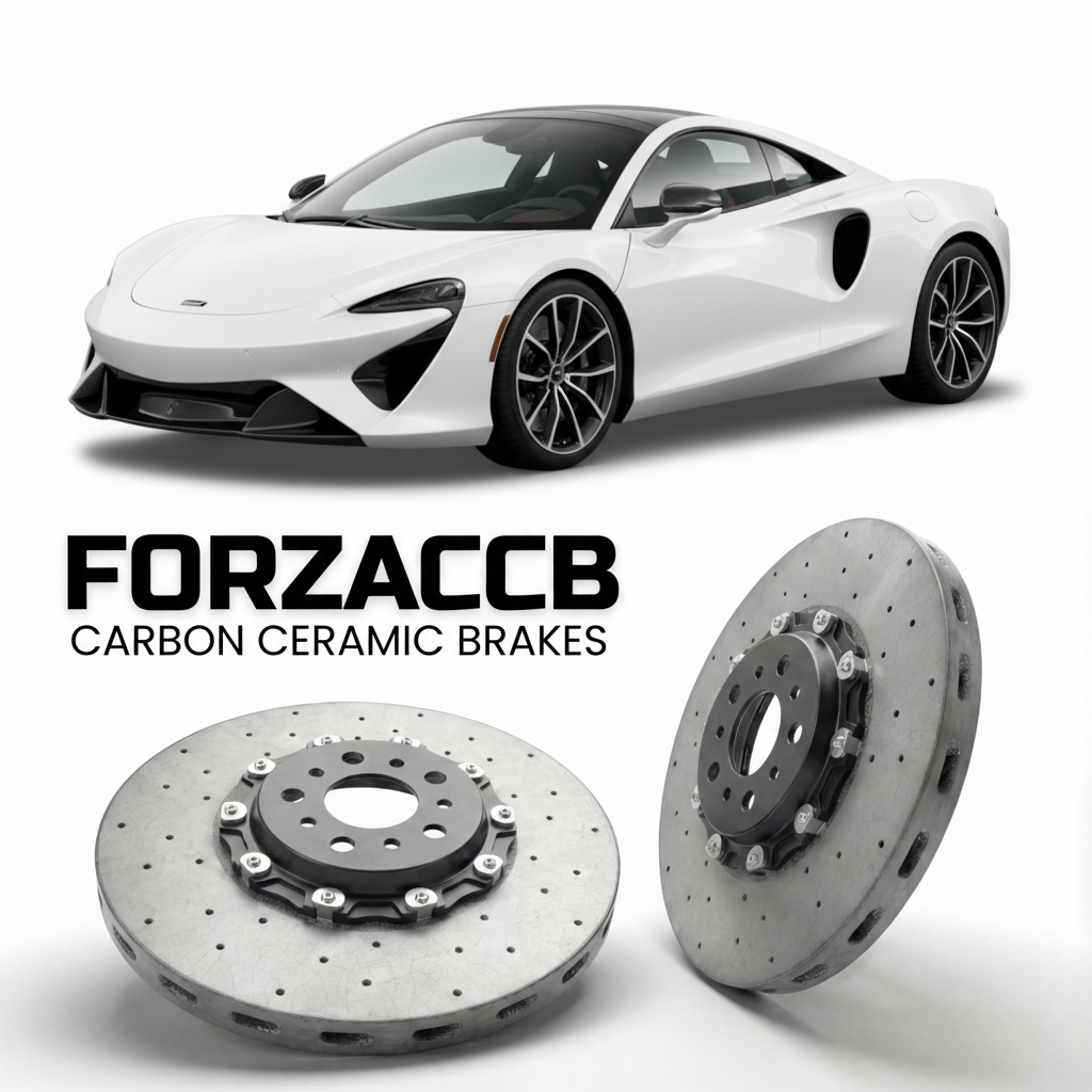 ForzaCCB direct OEM replacement carbon ceramic brake rotors for 2022-2024+ McLaren Artura P16 models, shown with a white McLaren Artura car.