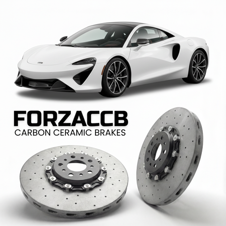 ForzaCCB direct OEM replacement carbon ceramic brake rotors for 2022-2024+ McLaren Artura P16 models, shown with a white McLaren Artura car.