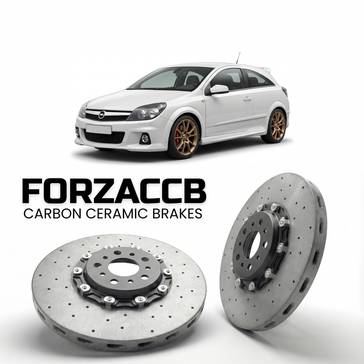ForzaCCB direct OEM replacement carbon ceramic brake rotors for 2005 to 2018 Opel Astra OPC models, shown with a white Opel Astra OPC car.