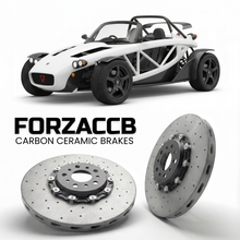 ForzaCCB direct OEM replacement carbon ceramic brake rotors for 2003 to 2007 Ariel Atom 2 Gen 2 models, shown with a white Ariel Atom 2 car.
