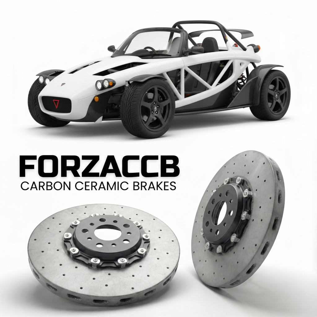 ForzaCCB direct OEM replacement carbon ceramic brake rotors for 2003 to 2007 Ariel Atom 2 Gen 2 models, shown with a white Ariel Atom 2 car.