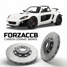 ForzaCCB direct OEM replacement carbon ceramic brake rotors for 2007 to 2013 Ariel Atom 3 Gen 3 models, shown with a white Ariel Atom 3 car.