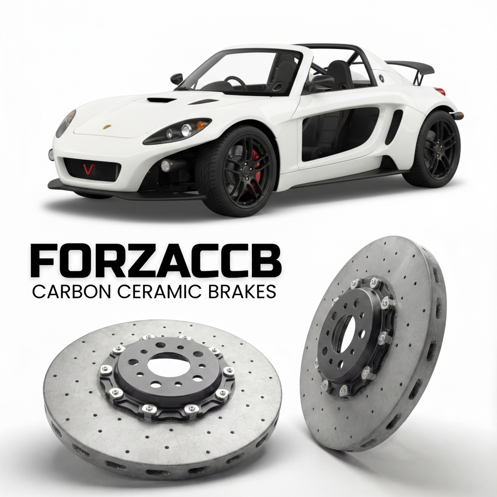 ForzaCCB direct OEM replacement carbon ceramic brake rotors for 2007 to 2013 Ariel Atom 3 Gen 3 models, shown with a white Ariel Atom 3 car.