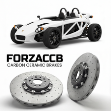 ForzaCCB direct OEM replacement carbon ceramic brake rotors for 2013 to 2018 Ariel Atom 3.5 Gen 3.5 models, shown with a white Ariel Atom 3.5 car.