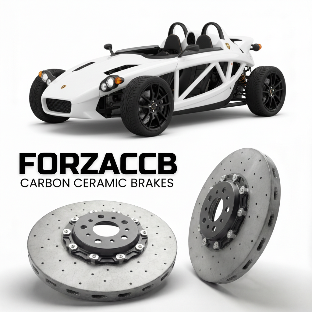 ForzaCCB direct OEM replacement carbon ceramic brake rotors for 2013 to 2018 Ariel Atom 3.5 Gen 3.5 models, shown with a white Ariel Atom 3.5 car.