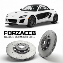 ForzaCCB direct OEM replacement carbon ceramic brake rotors for 2018 to 2026 Ariel Atom 4 Gen 4 models, shown with a white Ariel Atom 4 car.