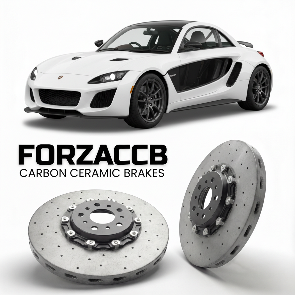 ForzaCCB direct OEM replacement carbon ceramic brake rotors for 2018 to 2026 Ariel Atom 4 Gen 4 models, shown with a white Ariel Atom 4 car.
