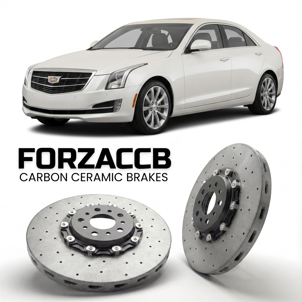 ForzaCCB direct OEM replacement carbon ceramic brake rotors for 2013 to 2019 Cadillac ATS Sedan models, shown with a white Cadillac ATS car.
