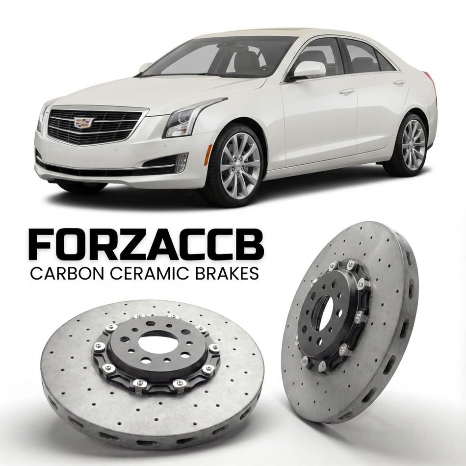 ForzaCCB direct OEM replacement carbon ceramic brake rotors for 2013 to 2019 Cadillac ATS Sedan models, shown with a white Cadillac ATS car.
