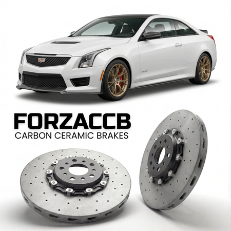 ForzaCCB direct OEM replacement carbon ceramic brake rotors for 2015 to 2019 Cadillac ATS Coupe models, shown with a white Cadillac ATS car.