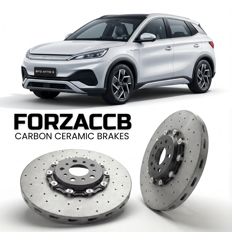 ForzaCCB direct OEM replacement carbon ceramic brake rotors for 2026 and newer BYD Atto 3 EVO models, shown with a white BYD Atto 3 car.