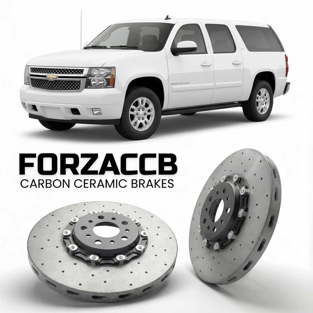 ForzaCCB direct OEM replacement carbon ceramic brake rotors for 2005 to 2006 Chevrolet Avalanche models, shown with a white Chevrolet Avalanche car.