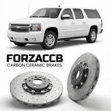ForzaCCB direct OEM replacement carbon ceramic brake rotors for 2005 to 2006 Chevrolet Avalanche models, shown with a white Chevrolet Avalanche car.