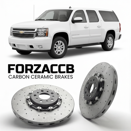 ForzaCCB direct OEM replacement carbon ceramic brake rotors for 2005 to 2006 Chevrolet Avalanche models, shown with a white Chevrolet Avalanche car.