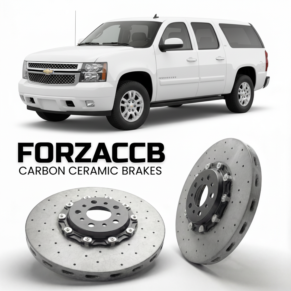ForzaCCB direct OEM replacement carbon ceramic brake rotors for 2005 to 2006 Chevrolet Avalanche models, shown with a white Chevrolet Avalanche car.