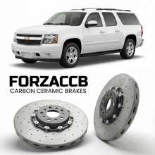 ForzaCCB direct OEM replacement carbon ceramic brake rotors for 2006 to 2013 Chevrolet Avalanche II models, shown with a white Chevrolet Avalanche car.