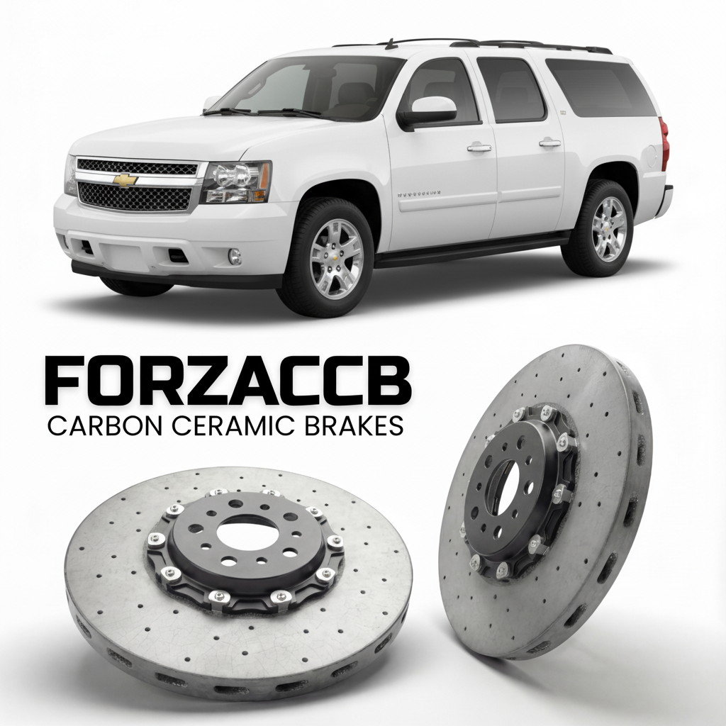 ForzaCCB direct OEM replacement carbon ceramic brake rotors for 2006 to 2013 Chevrolet Avalanche II models, shown with a white Chevrolet Avalanche car.