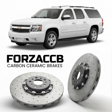 ForzaCCB direct OEM replacement carbon ceramic brake rotors for 2006 to 2013 Chevrolet Avalanche II models, shown with a white Chevrolet Avalanche car.