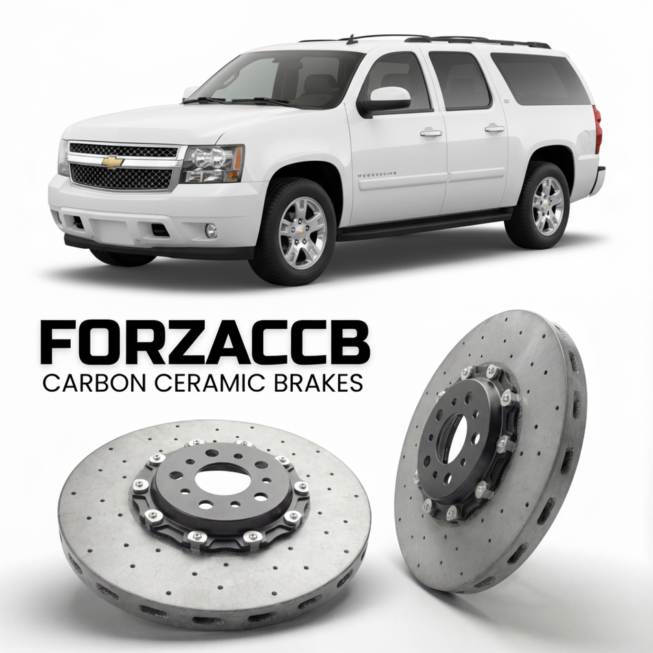 ForzaCCB direct OEM replacement carbon ceramic brake rotors for 2006 to 2013 Chevrolet Avalanche II models, shown with a white Chevrolet Avalanche car.