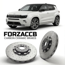 ForzaCCB direct OEM replacement carbon ceramic brake rotors for 2022 and newer Jeep Avenger models, shown with a white Jeep Avenger car.
