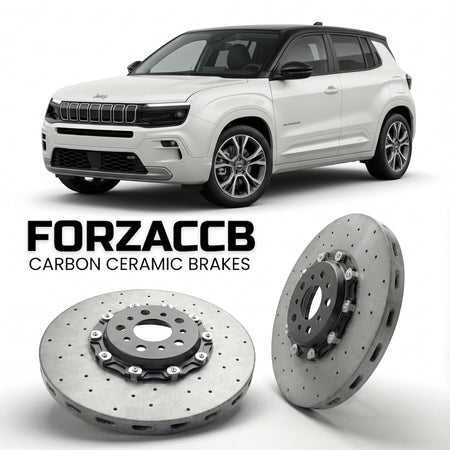 ForzaCCB direct OEM replacement carbon ceramic brake rotors for 2022 and newer Jeep Avenger models, shown with a white Jeep Avenger car.