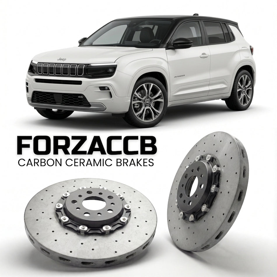 ForzaCCB direct OEM replacement carbon ceramic brake rotors for 2022 and newer Jeep Avenger models, shown with a white Jeep Avenger car.