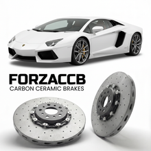 ForzaCCB direct OEM replacement carbon ceramic brake rotors for 2011 to 2016 Lamborghini Aventador LP700-4 models, shown with a white Lamborghini Aventador LP700-4 car.
