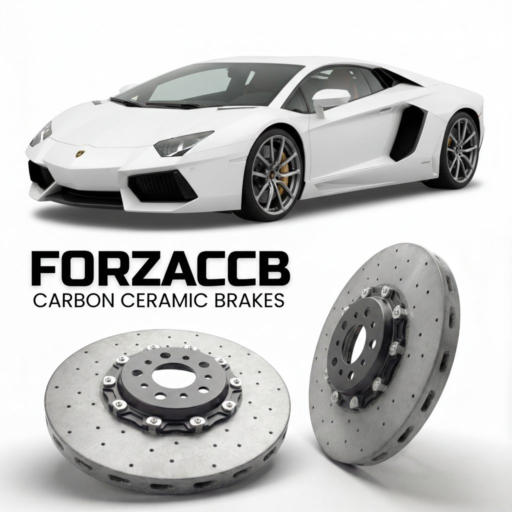 ForzaCCB direct OEM replacement carbon ceramic brake rotors for 2011 to 2016 Lamborghini Aventador LP700-4 models, shown with a white Lamborghini Aventador LP700-4 car.