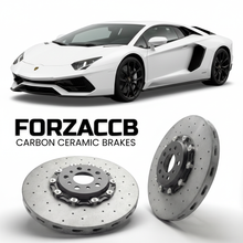 ForzaCCB direct OEM replacement carbon ceramic brake rotors for 2016 to 2021 Lamborghini Aventador S models, shown with a white Lamborghini Aventador S car.