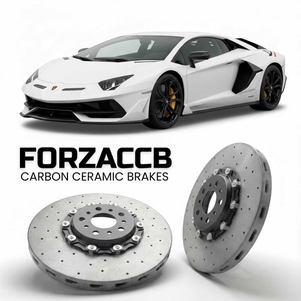 ForzaCCB direct OEM replacement carbon ceramic brake rotors for 2018 to 2021 Lamborghini Aventador SVJ models, shown with a white Lamborghini Aventador SVJ car.