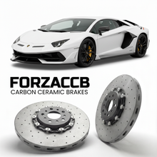 ForzaCCB direct OEM replacement carbon ceramic brake rotors for 2018 to 2021 Lamborghini Aventador SVJ models, shown with a white Lamborghini Aventador SVJ car.