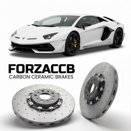 ForzaCCB direct OEM replacement carbon ceramic brake rotors for 2018 to 2021 Lamborghini Aventador SVJ models, shown with a white Lamborghini Aventador SVJ car.