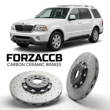 ForzaCCB direct OEM replacement carbon ceramic brake rotors for 2005 to 2005 Lincoln Aviator models, shown with a white Lincoln Aviator car.