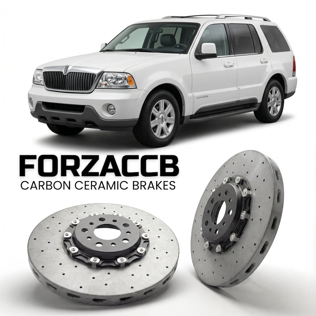 ForzaCCB direct OEM replacement carbon ceramic brake rotors for 2005 to 2005 Lincoln Aviator models, shown with a white Lincoln Aviator car.