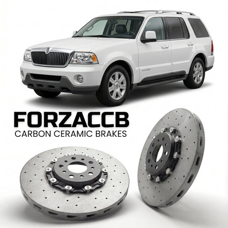 ForzaCCB direct OEM replacement carbon ceramic brake rotors for 2005 to 2005 Lincoln Aviator models, shown with a white Lincoln Aviator car.